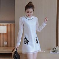 Sign 2017 spring new women#39;s butterfly embroidered long-sleeved A-line dress bottoming dress