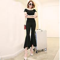 Sign 2017 spring and summer elastic waist wide leg pants nine points flounced chiffon stitching large bell-bottoms