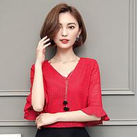 Sign spring and summer new Korean yards wild solid color V-neck sleeve trumpet sleeve lace shirt blouses