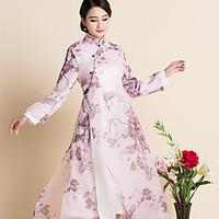 Sign spring new Chinese wind printing loose big yards female organza dress costume cheongsam dress tea