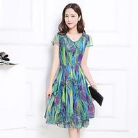 Sign short-sleeved A-line skirt 2017 summer new women#39;s elegant long section of printed gauze dress