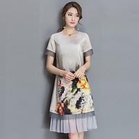 Sign ethnic style silk dress 2017 spring new printing stitching temperament short-sleeved summer dress