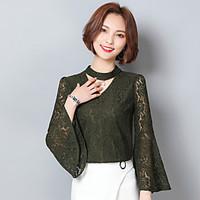 Sign 2017 women#39;s lace shirt long-sleeved shirt flounced net yarn hollow horn sleeve shirt