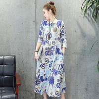 Sign # 2017 spring new large size women#39;s national wind printing plate buttons long-sleeved cotton dress