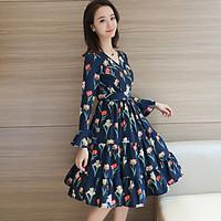 sign 2017 spring new long sleeved dress temperament slim v neck floral ...