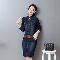 Sign new 2017 denim dress Slim thin package hip long-sleeved denim skirt long section of female