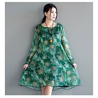 Sign 2017 spring and summer new retro national wind printing large size long-sleeved silk dress