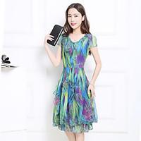 Sign short-sleeved V-neck dress 2017 summer new large size thin Slim a dress printed dress