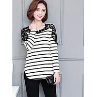 Sign Spring and Autumn knitted long section of large size women lace empty thread stitching striped long-sleeved shirt