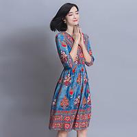 Sign temperament retro national wind V-neck printed silk dress heavy silk big code A word