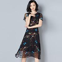 Sign 2017 spring and new Slim silk dress printed irregular short-sleeved silk dress