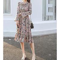 Sign spring new female Korean long-sleeved long section long-sleeved floral chiffon dress waist skirts