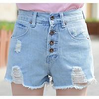 Sign spring and summer new Korean breasted waist edges frayed jeans shorts female wide leg was thin