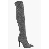 Silver Knit Pointed Thigh High Boot - silver