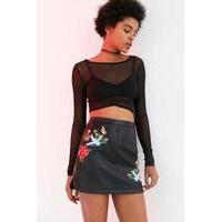 Silence + Noise Embroidered Faux Leather Mini Skirt, BLACK