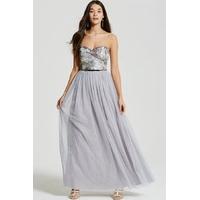 Silver Jacquard Bandeau Maxi Dress