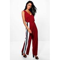 Side Stripe Wide Leg Jumpsuit - berry