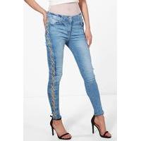 Side Lace Up Skinny Jeans - mid blue