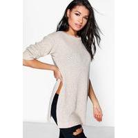 Side Split Moss Stitch Tunic Jumper - stone