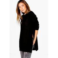 Side Split Moss Stitch Tunic Jumper - black