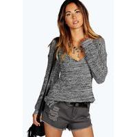 Side Split Step Hem Marl V Neck Jumper - charcoal