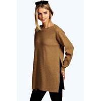 Sicle Split Moss Stitch Tunic Jumper - camel