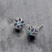 silver blue topaz flower stud earrings