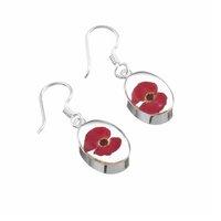 Silver Oval Drop Poppy Flower Earrings