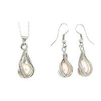 silver toned pearl pendant and earring gift set