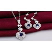 simulated sapphire double heart set pendant and earrings