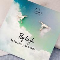 silver hummingbird stud earrings with fly high message