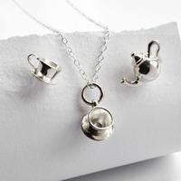 Silver Tea Cup Jewellery Set With Stud Earrings