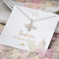 silver bee necklace with thank you bridesmaid message