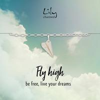 silver paper plane charm bracelet with fly high message