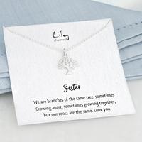 silver tree necklace with sister message black white