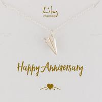 silver paper plane necklace with anniversary message