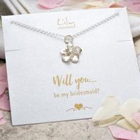 silver flower necklace with be my bridesmaid message