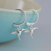 silver hummingbird hoop earrings