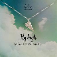 silver paper plane necklace with fly high message