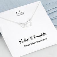 silver linked hearts necklace with mother daughter message black white