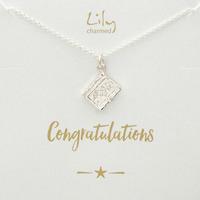 silver book necklace with congratulations message