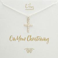 silver cross necklace with christening message