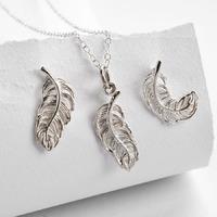 Silver Feather Jewellery Set With Stud Earrings