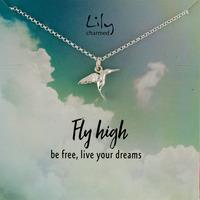 silver hummingbird necklace with fly high message