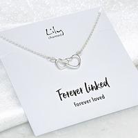 silver linked hearts necklace with forever message black white