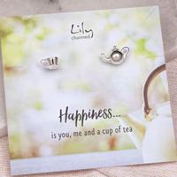Silver Teapot and Tea Cup Stud Earrings with \'Happiness\' Message