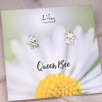 silver honeycomb stud earrings with queen bee message