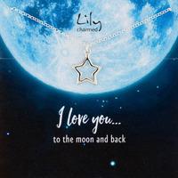 silver open star necklace with moon and back message