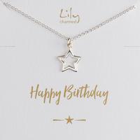 Silver Open Star Necklace with \'Birthday\' Message