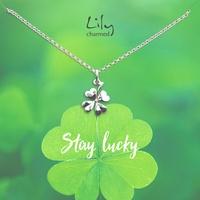 silver four leaf clover necklace with stay lucky message